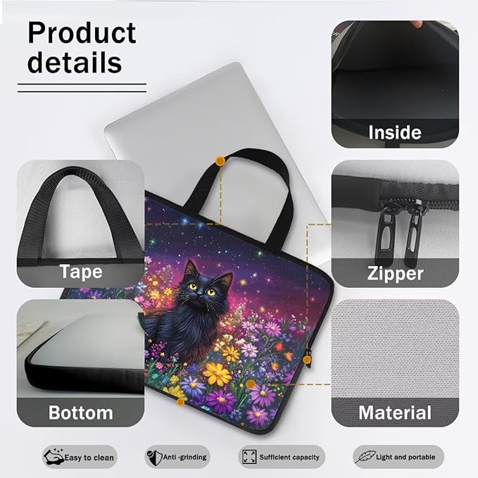 Galaxy Floral Laptop Handle Bag for Women 13 Inch Computer Protect Case Pouch Holder Black Cat Notebook Sleeve Neoprene Cover Soft Carrying Travel for 10-17 Inch Chromebook