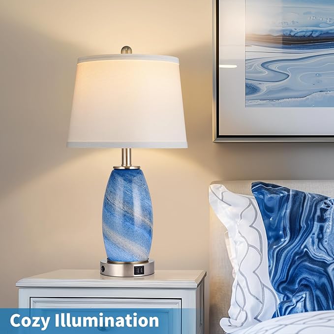Blue Lamp for Bedroom & Bedside with 3-Way Lighting Modes & USB C+A - Modern Style Glass Nightstand Table Lamp for Living Room & Bedroom Decoration (23.5" H)