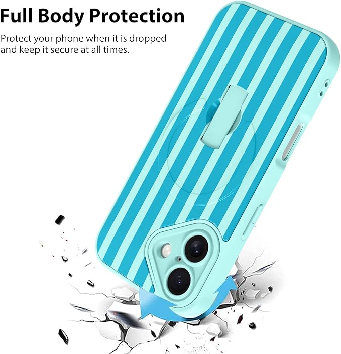 KANGHAR Compatible with iPhone 16 Case, Support for MagSafe, Silicone Stripes Cute Pattern, Wristband Kickstand Camera Protection Soft Slim Cover for Girls Women -Blue