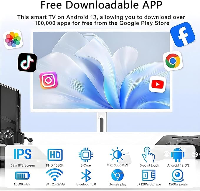 21.5"/24"/27"/32" Portable Rolling Tv, 1080p/4k Smart Portable Wireless Touch Screen Tv On Wheels, 4+64gb/8+128gb,with Large Display, Larger Battery Up to 5-8hr,60hz Refresh Rate 24in-8G128G