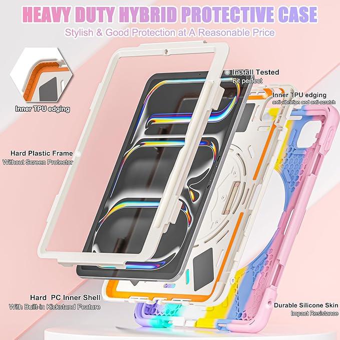Batianda Case for New iPad Pro 11-inch 2025 M5 2024 M4 Chip Heavy Duty Rugged Durability Silicone Tablet Cover with 360° Rotating Hand Strap Foldable Hidden Stand & Shoulder Strap, Colorful Pink