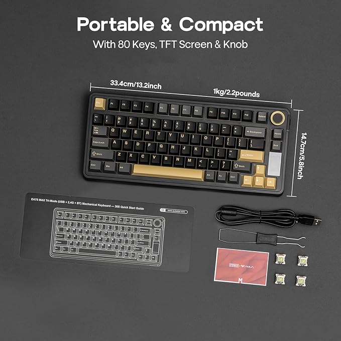 EPOMAKER X Aula EA75 MAX Wireless Gaming Keyboard with Screen & Knob, 5000mAh, Hot-Swap, Lubed Switches, RGB Backlit, Creamy Gasket, 75% Mechanical Keyboard (Black, Reaper Switch)
