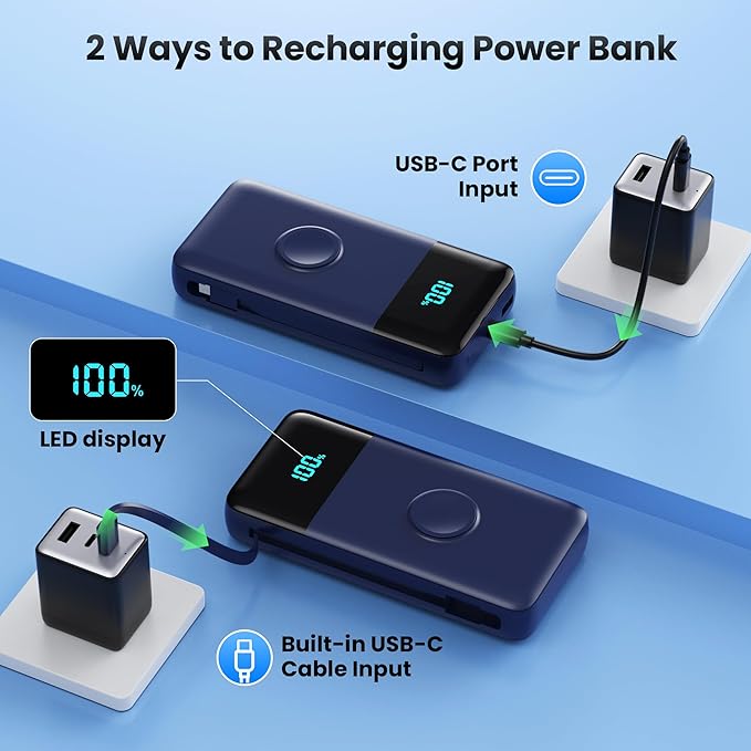Portable Charger PowerBank 40800mAh with Built-in Cables,25W PD Fast Charging +QC 4.0 Quick Phone Charging Power Bank, Travel Essential Charger Battery Pack for iPhone 17/16/15 Android Galaxy etc