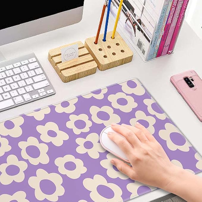 Gaming Large Mouse Pad with Stitched Edges, Vintage Groovy Flowers Purple Desk Mat, Extended Keyboard Pad, Non-Slip Rubber Base Desk Pad for Keyboard and Mouse, 31.5X11.8 inch