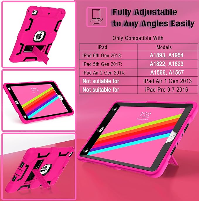 CCMAO iPad 6th Generation Cases, iPad 5th Generation Case, iPad 9.7 Case, iPad Air 2 Case, Hybrid Shockproof Rugged Drop Protection Case Built with Kickstand, Pink+Black