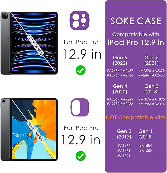 Soke Case for iPad Pro 12.9 Inch (6th/5th/4th/3rd Generation, 2022/2021/2020/2018) - Pencil Holder + Auto Sleep/Wake + Camera Protection, Transparent Shockproof Back Cover, Purple