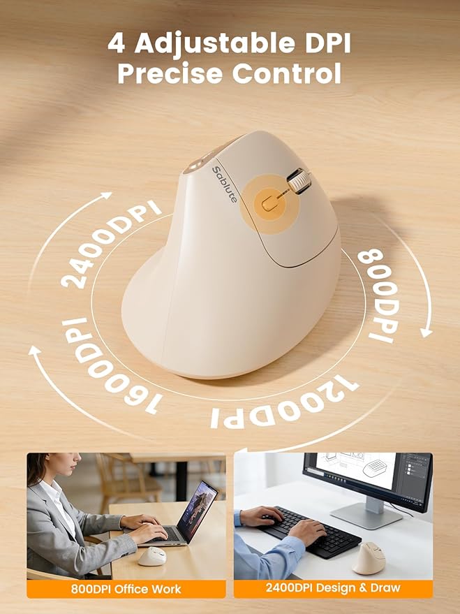 SABLUTE MAM3 Ergonomic Mouse, Rechargeable Wireless Vertical Mouse with 4 Adjustable DPI for Small/Medium Hands, Dual-Device Connectivity for Computer/PC/Laptop,Bluetooth Mouse for Window,Mac OS,Beige