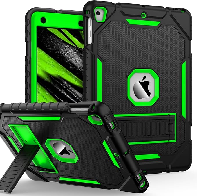 ZoneFoker 9.7" Case for iPad 6th/5th Generation 2018/2017, for iPad Air 2 / Air 1st / Pro 9.7, Heavy Duty Shockproof Protective 9.7 Inch Cover with Built-in Stand for i Pad 6 5 Gen (Black+Green)