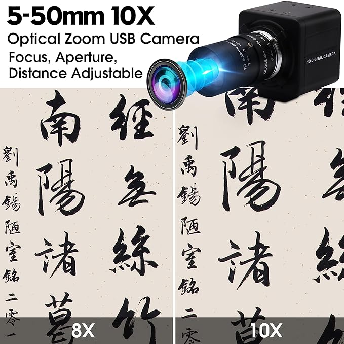 4K Ultra HD 5-50mm Zoom Manual Lens USB Web Camera, 2160P IMX317 Sensor, 10X Varifocus Close-up USB Webcam for Windows/Linux/Raspberry Pi