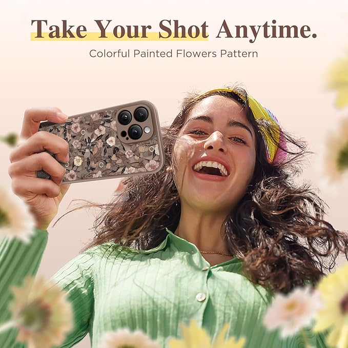 GVIEWIN for iPhone 15 Pro Case Compatible with MagSafe, [Military Grade Protection] [Screen Protector] Full Camera Protection Floral Translucent Women Magnetic Phone Case, Apricot Blossom/Brown