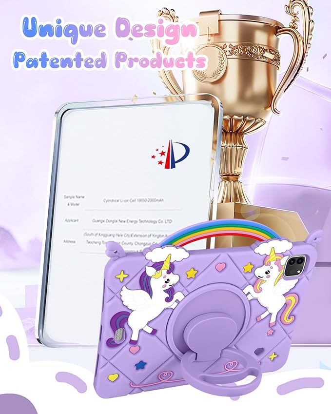 Uppuppy for iPad Air 11 inch Case(Air M4 2026, 8th Gen/M3 2025/M2)/Air 5th/4th Gen 10.9", for iPad Pro 11 inch Case(4th/3rd/2nd/1st Gen) - Purple Unicorn Cover with Rotating Stand & Strap for Girls