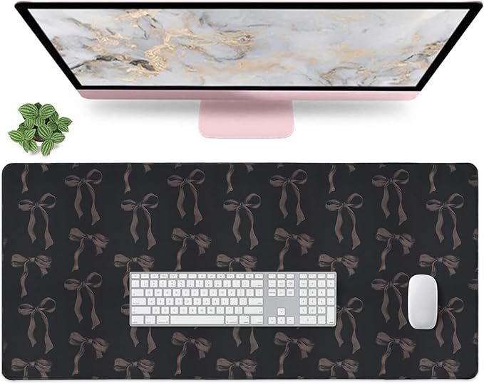 Black Desk Mat with Bows, Large Bow Mouse Pad Keyboard Mat for Computer Laptop Non-Slip Rubber Base Gaming Mousepad, Cute Black Desk Accessories Girly Office Desk Mat for Teen Girls Women 35.4 x 15.7