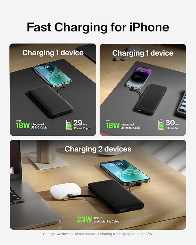 Belkin Portable Charger Power Bank for iPhone/Android (10,000mAh), 23W Battery Pack with Integrated USB-C, Lightning Cables, Pass-Through Capability, Charge 2 Devices at Once, Phone Charger Power Bank