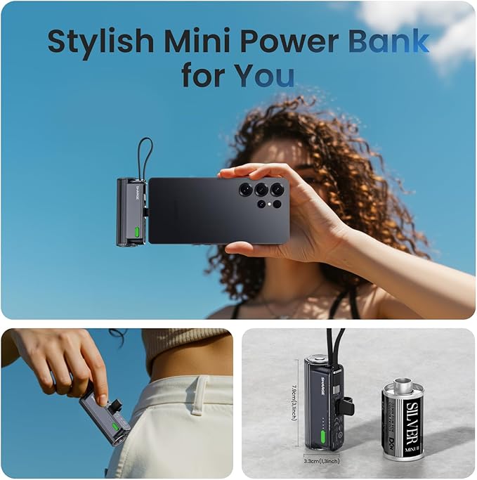 sharge Flow Mini 2 Power Bank with Built-in Cable 22.5W Max Portable Charger for Travel, Fast Charging Battery Pack with iOS and USB-C Connector for iPhone 17/16/15/14, Galaxy, Google, and More