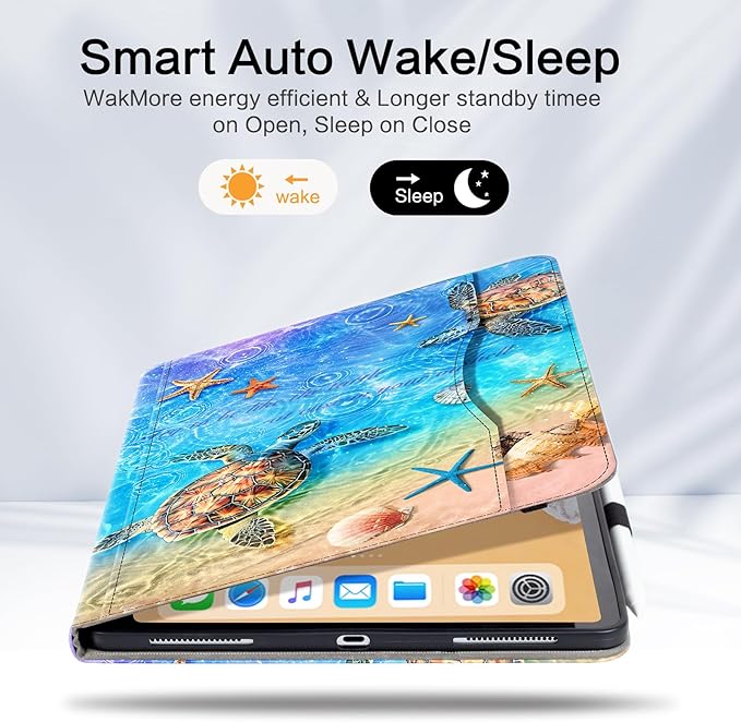 Lokigo Case for iPad Air 13 Inch M4/M3/M2 (2026/2025/2024), iPad Pro 12.9 Inch 6th/5th/4th/3rd Gen with Pencil Holder/Hand Strap/Pocket, Support Touch ID, Shockproof Soft Back Stand Cover, Sea Turtle