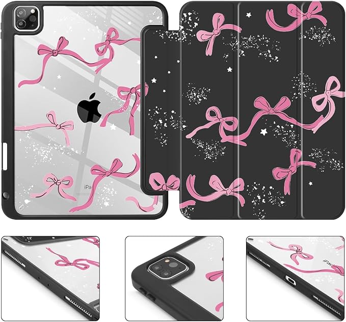 Tuiklol for iPad Pro 11 Inch 4th / 3rd / 2nd / 1st Gen (2022 2021 2020 2018) Case -Built-in Pencil Holder Shockproof Cover Clear Transparent Back Shell with Auto Wake/Sleep, Bow-Black