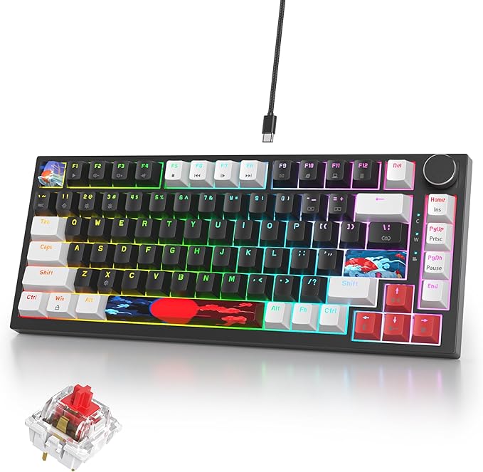 75% Mechanical Gaming Keyboard - Hot Swappable RGB Backlit Custom Keyboard with Knob, Gasket Mount USB Wired, 82 Keys (White, Black, Linear, Red Switch)