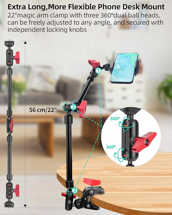 22" Magic Arm w Clamp Mount, Overhead Desk Phone Mount Stand, Adjustable Articulating Friction Camera Boom Arm w 1/4" Thread for Phone Video Light Webcam Action Camera Tripod Mic