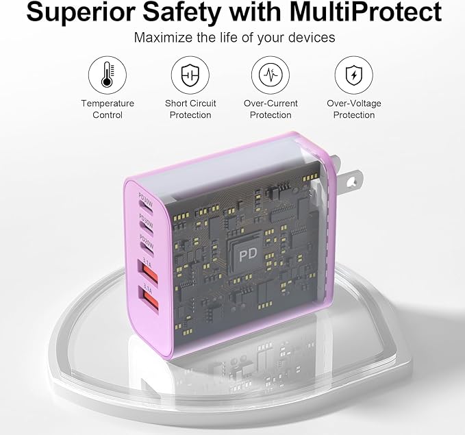 USB C Charger Block, 60W 5-Port Type C Charger Fast Charging Block, USBC USB Multiple Port Wall Charger Plug Adapter for iPhone 17/Air/16/15/14/13/12/11 Pro Max, Samsung Galaxy, iPad, Tablet (Purple)