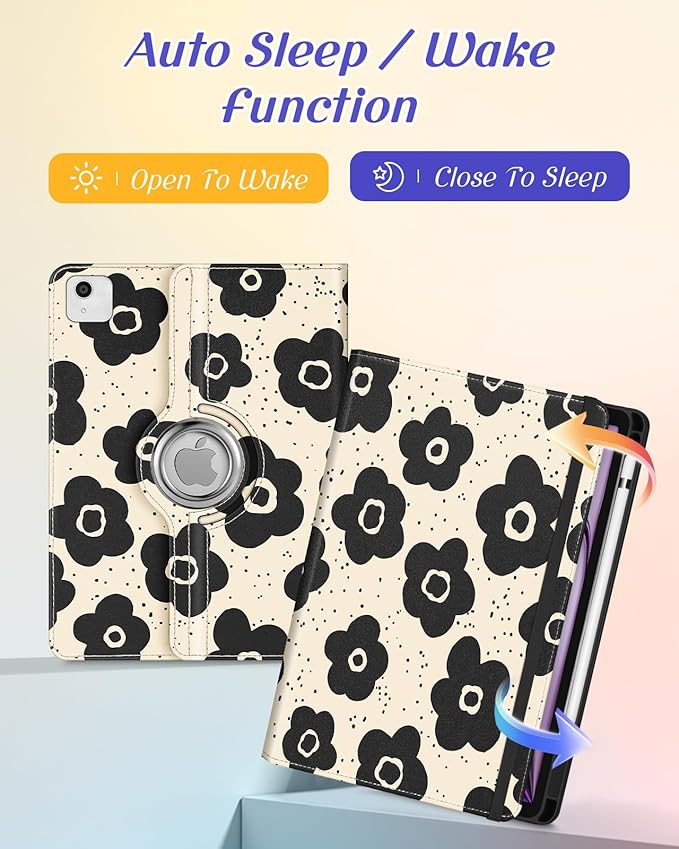 Kidcube for iPad Air 13 Inch Case (M3/M2)/for iPad Pro 12.9 Cases 6th/5th (2022/2021) - Women Girls Cute Rotating Stand Folio Cover with Pencil Holder & Card Slot Design Black Floral Flowers Cover