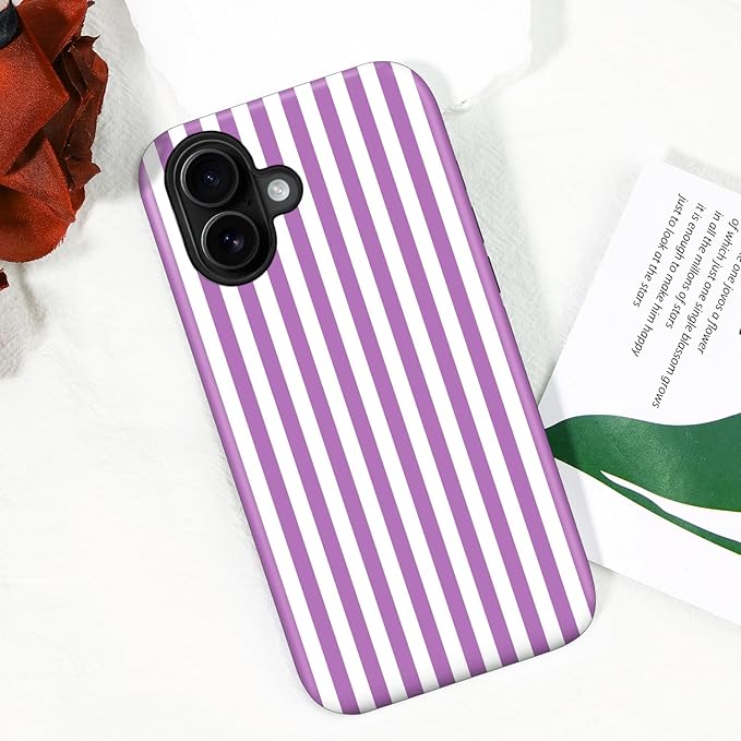 Magnetic for iPhone 16 Case Cute Stripes Phone Case, Shockproof Slim TPU and Hard PC Protective Phone Cover Compatible with MagSafe Designed for Women Girls, Purple