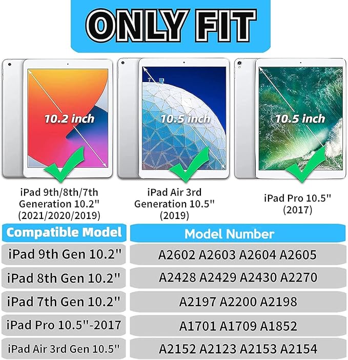 YIHE Kids Case for iPad 10.2 Inch 9th/8th/7th Generation 2021/2020/2019, iPad Pro 10.5 & iPad Air 3, Shockproof Handle Stand Kids Case with Screen Protector for iPad 10.2/10.5 Inch, Black&Blue