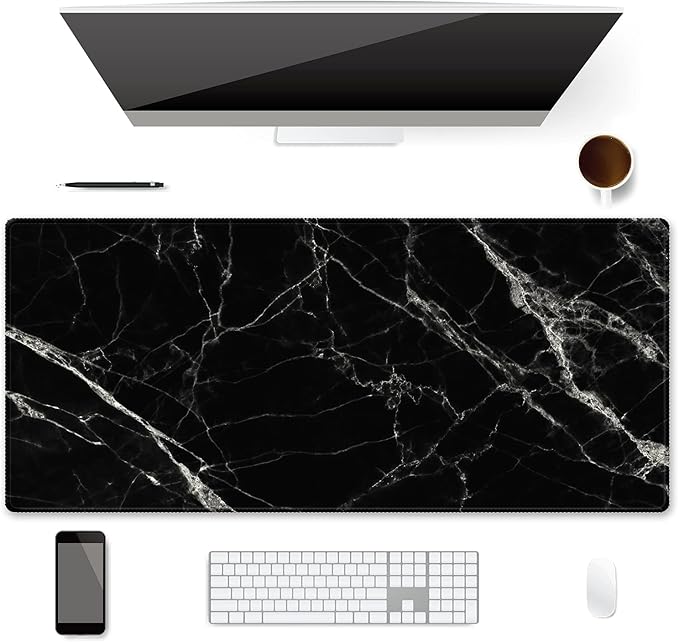 XXL Waterproof Office Desk Pad Protector 35.4x15.7 Inch - Extended Gaming Mouse Pad with Non-Slip Rubber Base, Thickened Keyboard Mat, Stitched Edges & Black White Marble Design