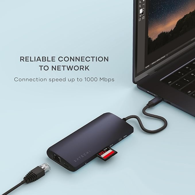 Satechi 8 in 1 USB C Hub Multiport Adapter V3, 8K HDMI, 100W Charging, 4 USB Data Ports, Ethernet, SD Card Reader, for Laptop, for Mac/Windows, MacBook Air/Pro/Neo, iPad Air/Pro - Midnight