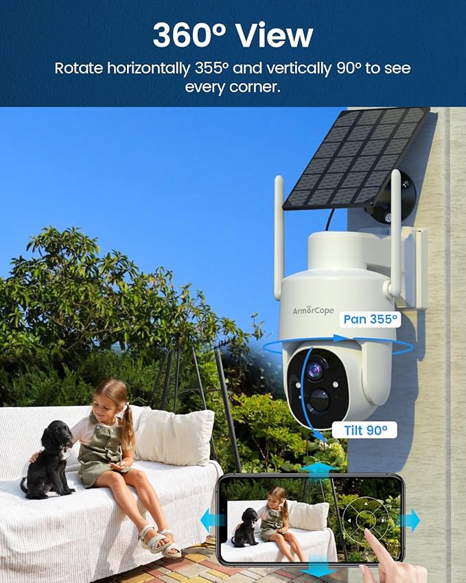 Armorcope Solar Security Cameras Wireless Outdoor,360° View Battery Powered with Spotlight Color Night Vision,2K WiFi Home Security,PIR Sensor,Wireless Easy Install, 2.4 GHz Wi-Fi