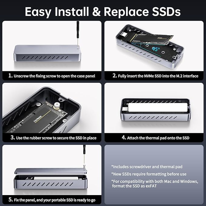 SSK NVMe SSD Enclosure, 20Gbps PCIE M.2 Enclosure SSD Case, NVMe to USB C 3.2GEN2X2 Adapter 2280/2260/2242/2230 Reader M-Key/B+M Key with LED Indicator Aluminum Alloy