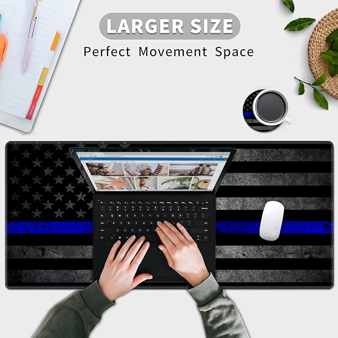Large Gaming Mouse Pad, Thin Blue Line American Flag Design Keyboard Mat Desk Mousepad, Full Desk Extended XXL Mouse Pad 35.5" X 15.75" w/Stitched Edges Non-Slip for Office Home Gamer