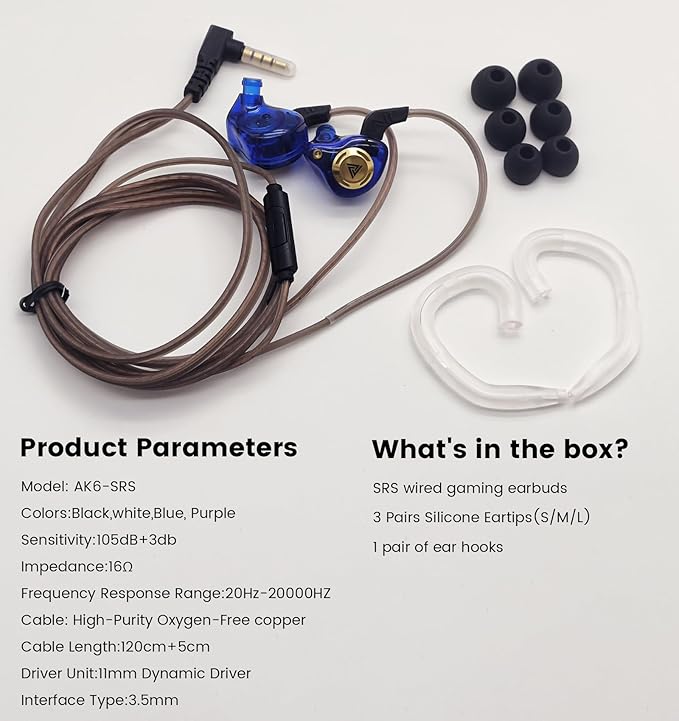 Wired Gaming Headphones IEM Earphones with 1DD，QKZ Ak6 SRS in Ear Monitor, HiFi Earbuds, Crystal Clear Hi-Res Sound with Microphone&New 11mm Dynamic Driver for Gaming,Video Musicians, Singers