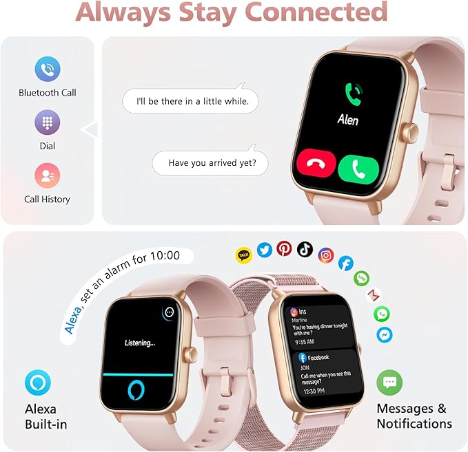 Smart Watches for Women, 1.85" Alexa Fitness Trackers with Call & SMS, Heart Rate, SpO2, Stress & Sleep Monitor, IP68 Waterproof Smartwatch for Android iPhone Samsung etc., 100+ Sports Modes, 2 Bands