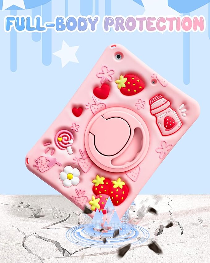Boaretiu for iPad 9th/8th/7th Generation 10.2 Inch Case (2021/2020/2019) - Soft Silicone Cute Cartoon with Shoulder Strap & Rotating Stand Kawaii for Women Girls Girly Teens Cover, Strawberry