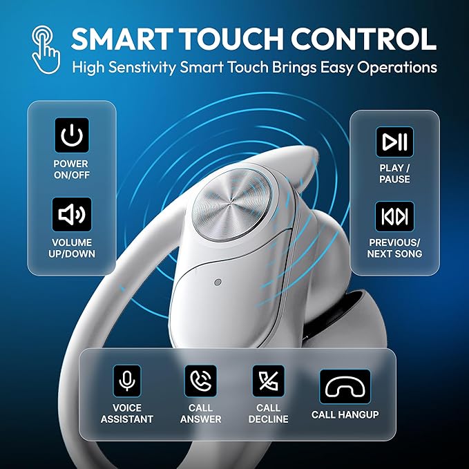Wireless Bluetooth Sports Earbuds - Over-Ear Hook Headphones with LED Display - Touch Control & Voice Assistant - Wireless Charging Case – for Running - Gym - Workout (Light Grey)