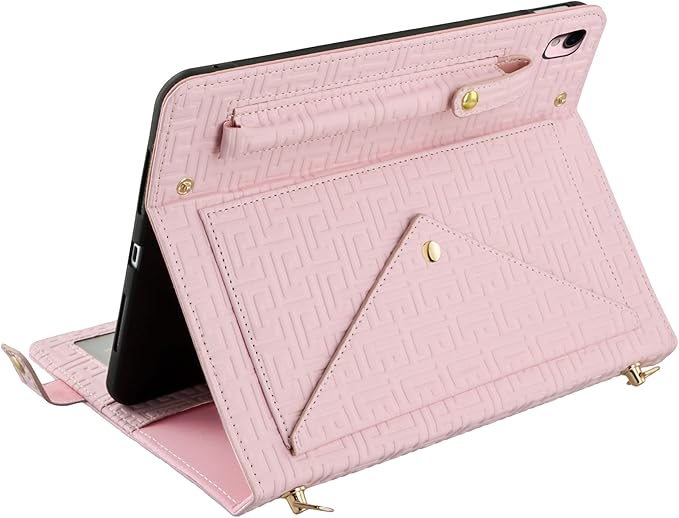 Handbag Case for iPad 9.7 Inch 2018/2017 (6th/5th Gen), iPad Air 2/Pro 9.7 Cover, Techcircle Cute Folio Stand Wallet Case w/Pencil Holder, Card Slots, Hand Strap, Shoulder Strap, Baby Pink