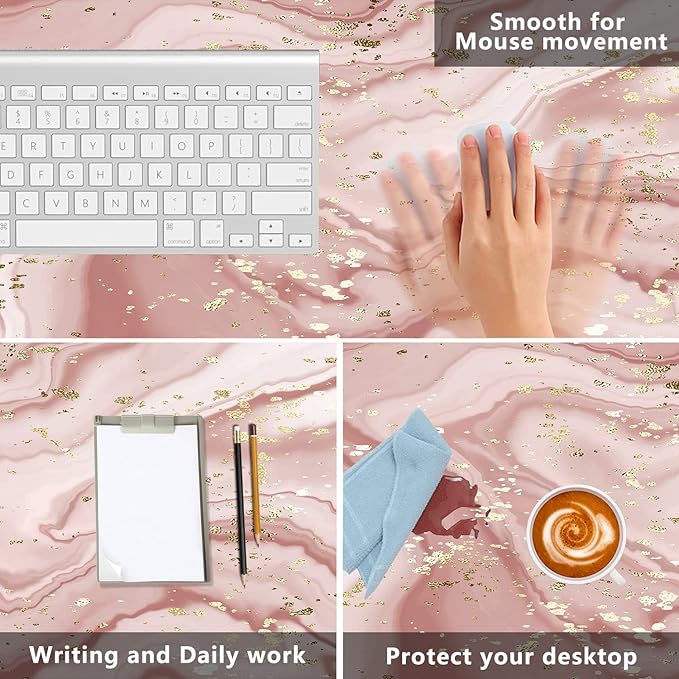 Liquid Marble Desk Mat,Abstract Marble with Gold Splatter Gaming Mouse Pad,Large Non-Slip Rubber Base Mousepad with Stitched Edges,Waterproof Mouse Mat Desk Pad for Office Game Home 35.4x15.75 in