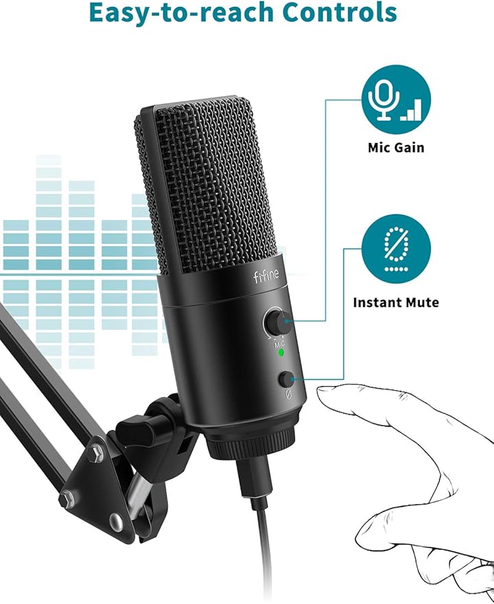 FIFINE USB Desktop PC Microphone with Pop Filter for Computer and Mac, Studio Condenser Mic with Gain Knob Mute Button Headphone Jack for Gaming Streaming Recording YouTube, Extra USB-C Plug-K683A