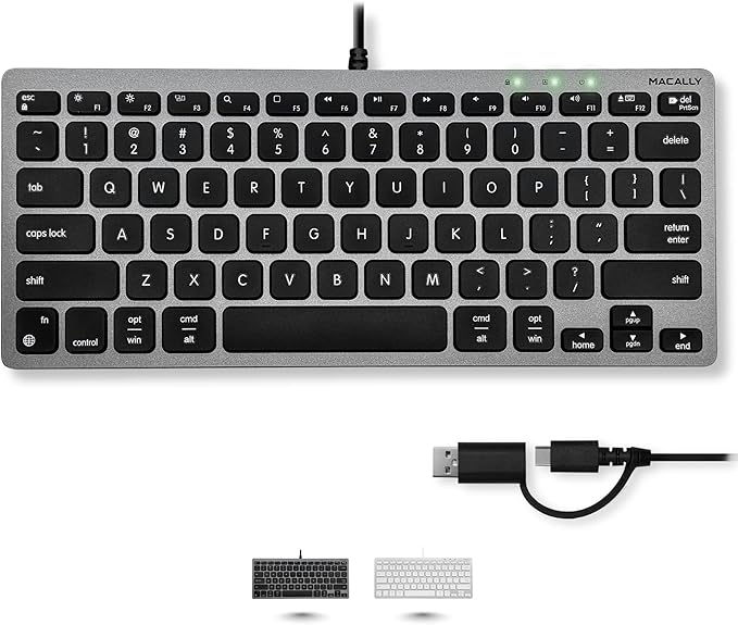 Macally Small Wired Keyboard for Mac and PC (Dual USB C + A) - Save Space, 78-Key Layout with 13 Shortcuts, Type C - Compact USB C Keyboard for MacBook, iMac, iPad, iPhone - Space Gray