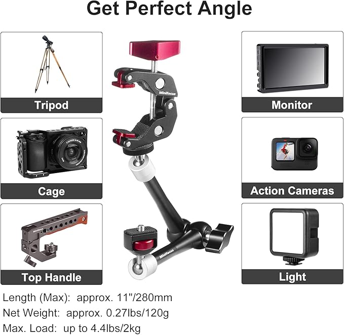 11'' Articulating Friction Magic Arm Super Camera Clamp Mount Cell Phone Holder Action Camera Adapter Kit for DSLR Camera LCD Monitor Vlog Rig Video LED Light Microphone Cage Camcorder Projector