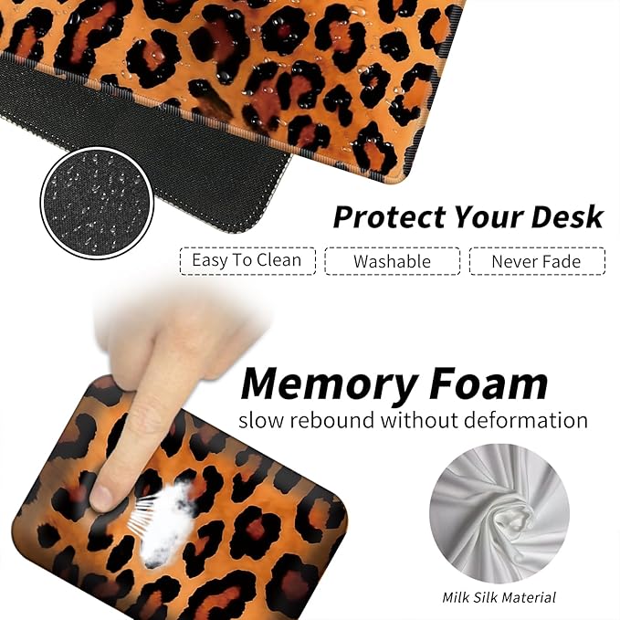 Wrist Elbow Support Arm Rest Desk Mouse Pad Set,Large Mouse Pad + 2 Elbow Rest Pad + Coaster,(31.5×11.8 in) Ergonomic Memory Foam for Office,Gaming,Computer,Laptop-Leopard Print