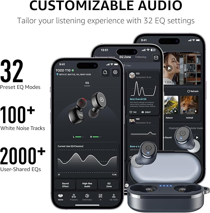 TOZO T10 Wireless Earbuds Bluetooth 5.3 Headphones, App Customize EQ, Ergonomic Design, 55H Playtime, Wireless Charging Case, IPX8 Waterproof Sound in-Ear Headset, New Version