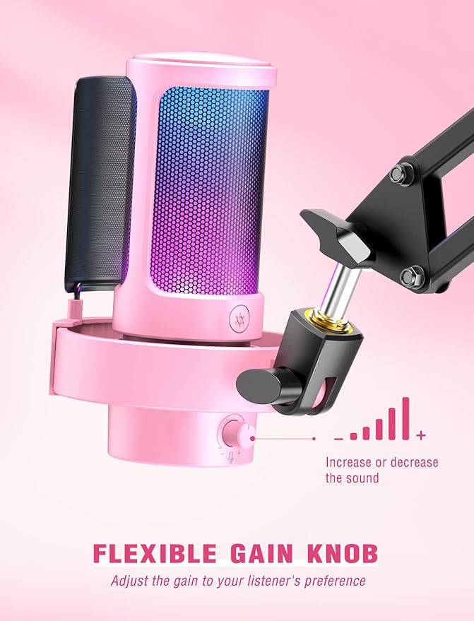 FIFINE USB Streaming Gaming Microphone, PC Condenser Desktop Mic for Video, Home use, YouTube, with RGB Control, Gain Knob, 3.5mm Headphone Jack, Shock Mount, on Computer/PS5-AmpliGame A8 Pink