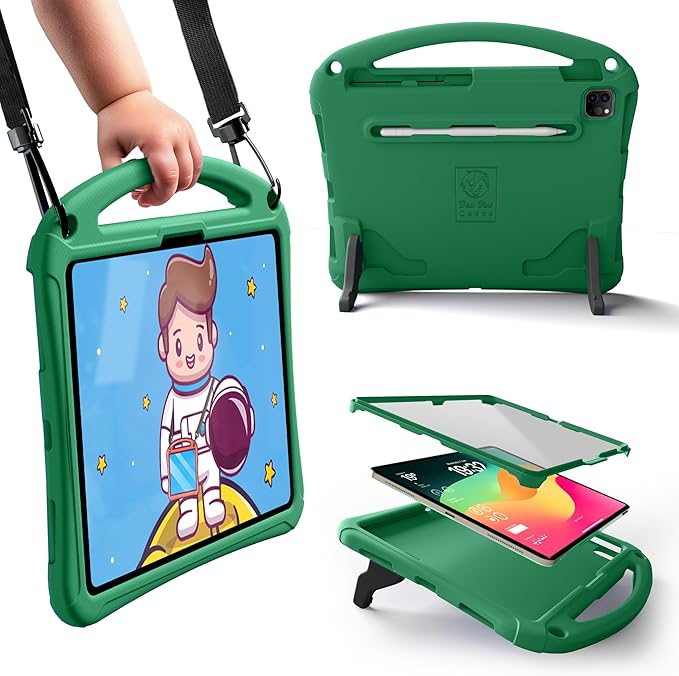 Bam Bino Space Suit, iPad Air 11Inch Case Kids (M2/M3/M4), iPad Pro 11inch (M4/M5), i-Pad A16(11th Gen), iPad 10thGeneration, Built-in Screen Protector, Handle, Kick Stand, Shoulder Strap (Mint Green)