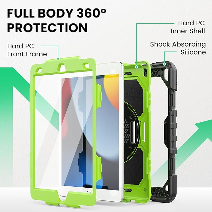 SEYMAC for iPad 9th/8th/7th Generation Case 10.2" 2021-2019, Full-Body Shockproof Heavy Duty Protective Case with Screen Protector, Rotating Stand/Handle/Shoulder Strap for iPad 10.2, Black/Green