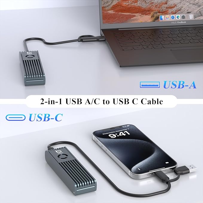 NVMe Enclosure with Cooling Fan, Tool-Free Installation,Full Aluminum Alloy, Sandwich Style Design, USB 3.2 Gen 2 PCIe Adapter for M & M+B Key NVMe/SATA M.2 SSD Case for 2230/2242/2260/2280