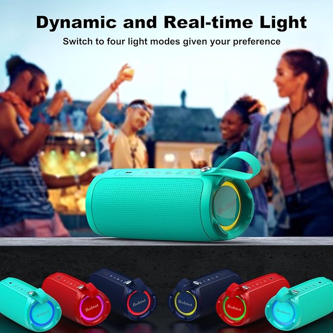 Bobtot Portable Bluetooth Speaker, IPX6 Waterproof Speaker with Punchy Bass, 15W Loud Sound, RGB, 15H Playtime, Dual Pairing for Party, Camping, Beach, Teal