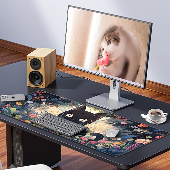 Anime Cat Mouse Pad Desk Mat, Kawaii XXL Large Gaming Mouse Pad Keyboard with Stitched Edges Non-Slip, 35.4×15.7in Mousepad Mat for Desktop Computer Laptop Office Women Decor Funny Cute