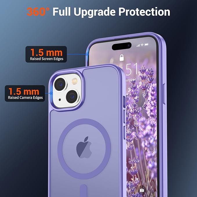 SUPFINE Magnetic for iPhone 15 Case (Compatible with MagSafe) (Military Grade Drop Protection) Slim Translucent Matte Shockproof with Anti-Fingerprint Phone Case, Purple