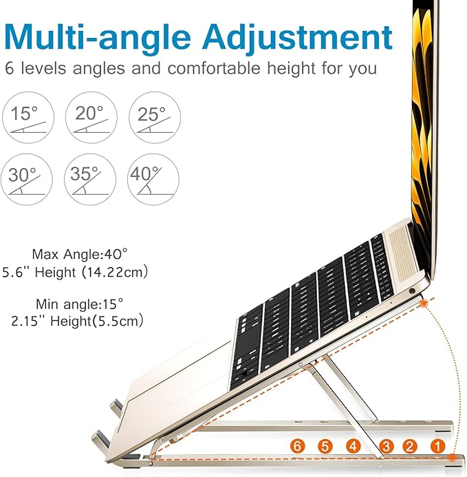 ivoler Laptop Stand, Laptop Holder Riser Computer Tablet Stand, 6 Angles Adjustable Aluminum Ergonomic Foldable Portable Desktop Holder Compatible with MacBook,iPad, HP, Dell10-15.6” Starlight
